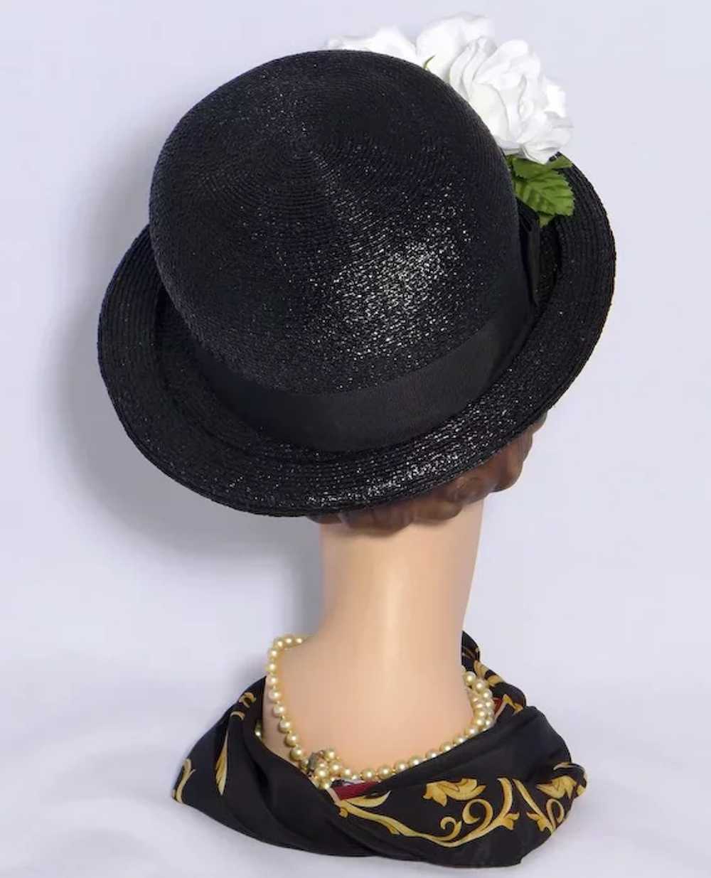 Vintage 1970s Black Straw Bowler Style Hat White … - image 3