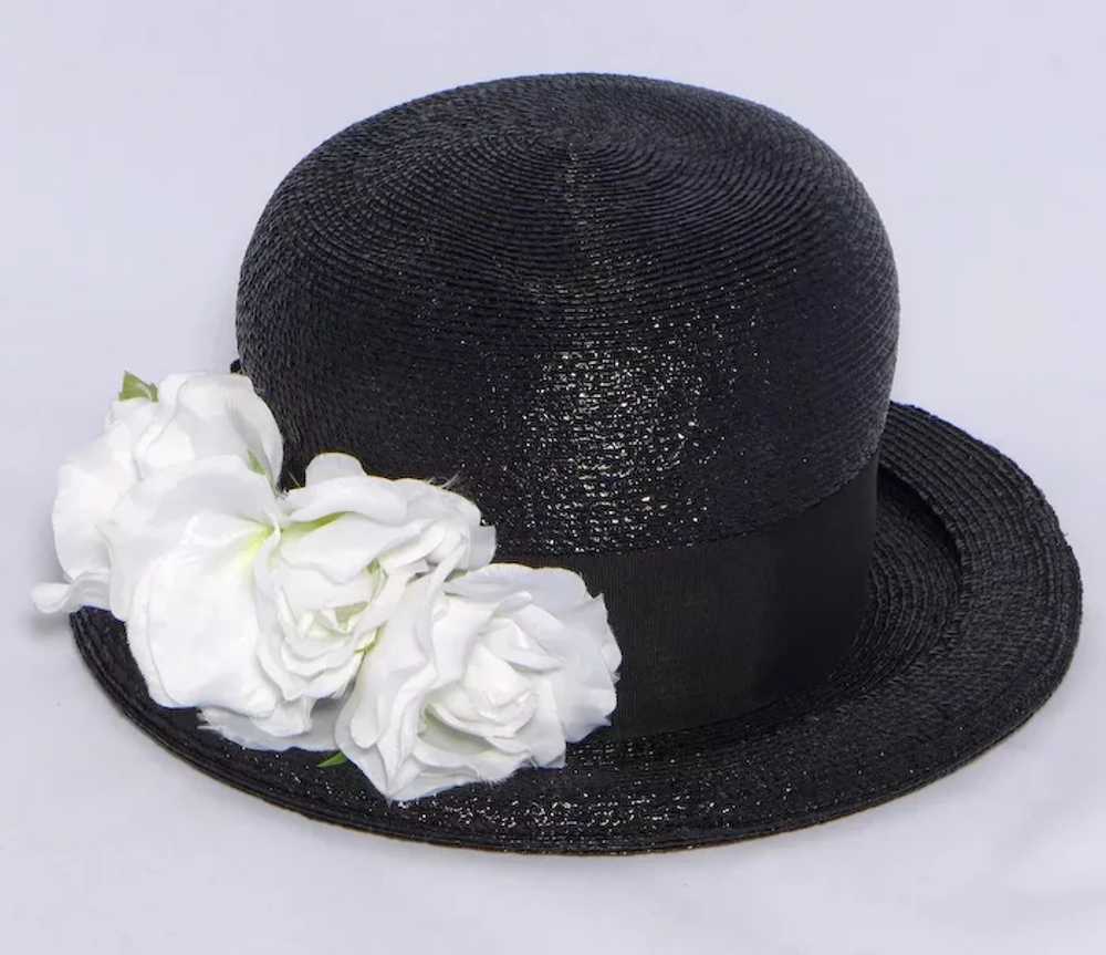 Vintage 1970s Black Straw Bowler Style Hat White … - image 5