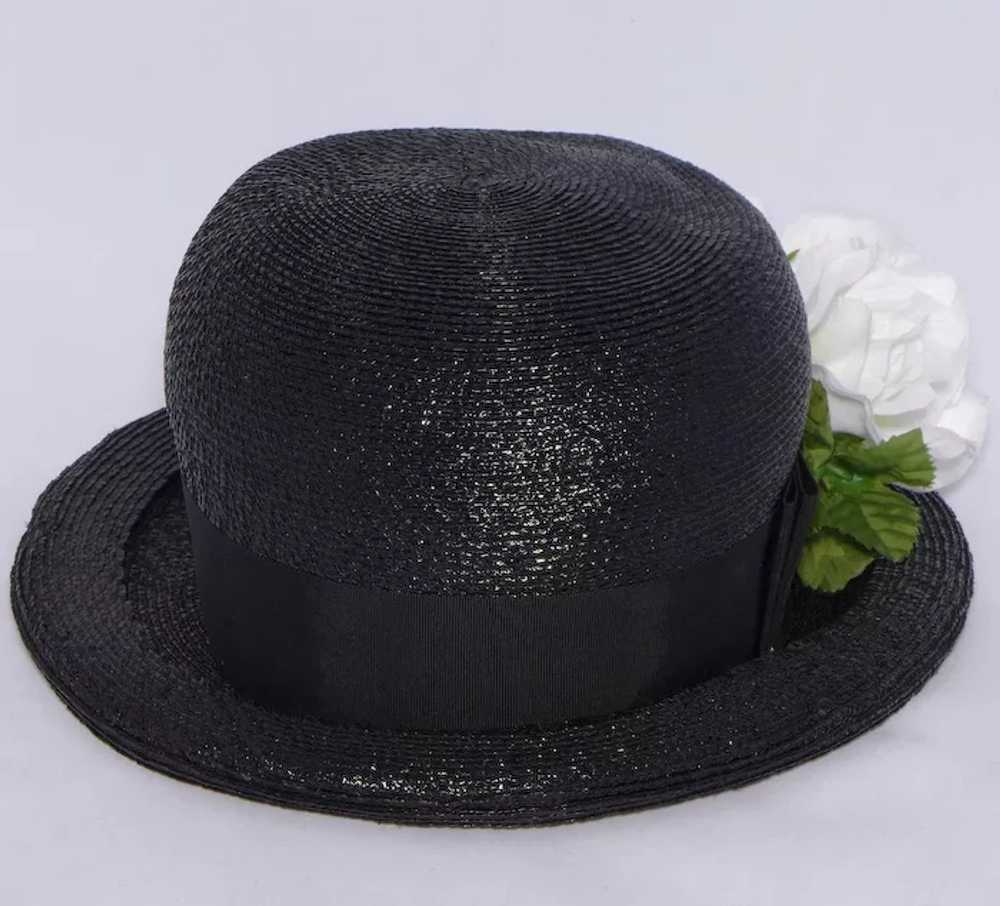 Vintage 1970s Black Straw Bowler Style Hat White … - image 6