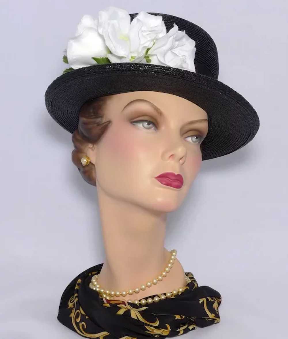 Vintage 1970s Black Straw Bowler Style Hat White … - image 8