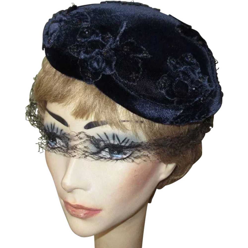 Velvet Hat, Rhinestone Studded Vintage 40's - image 2