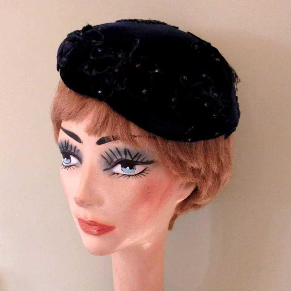 Velvet Hat, Rhinestone Studded Vintage 40's - image 3