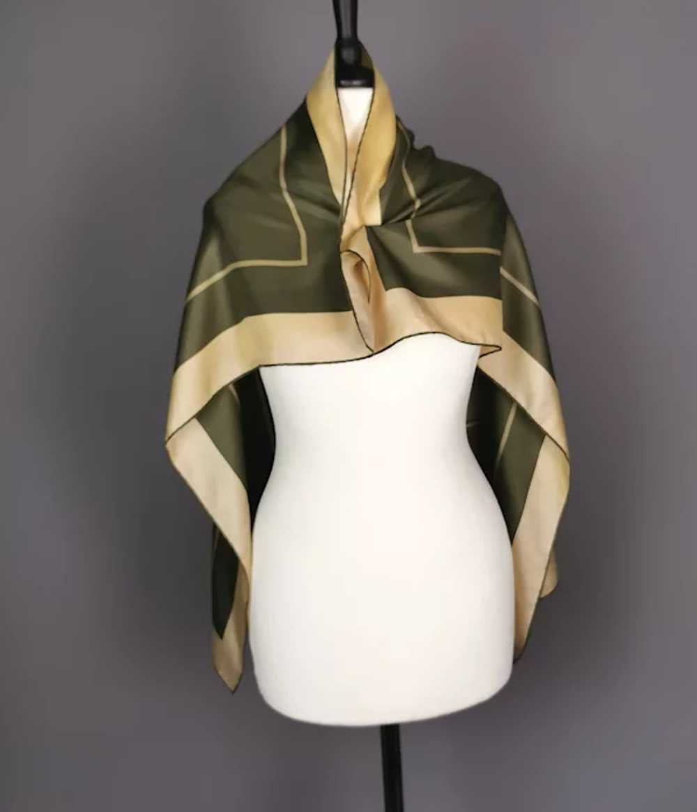 Vintage Burberry silk scarf, khaki green and gold… - image 3