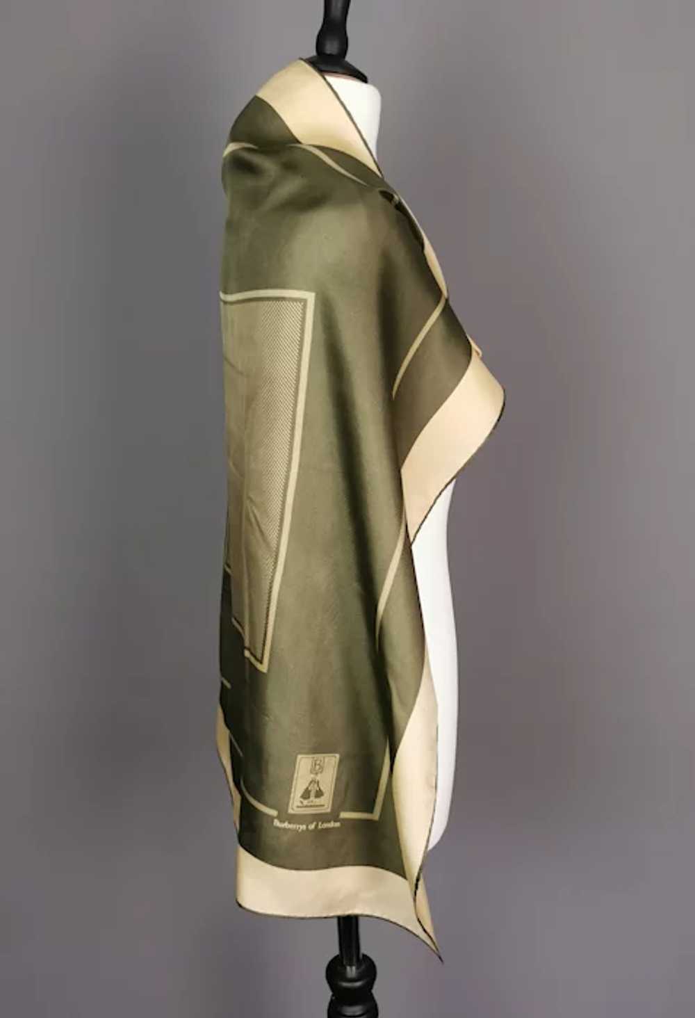 Vintage Burberry silk scarf, khaki green and gold… - image 4