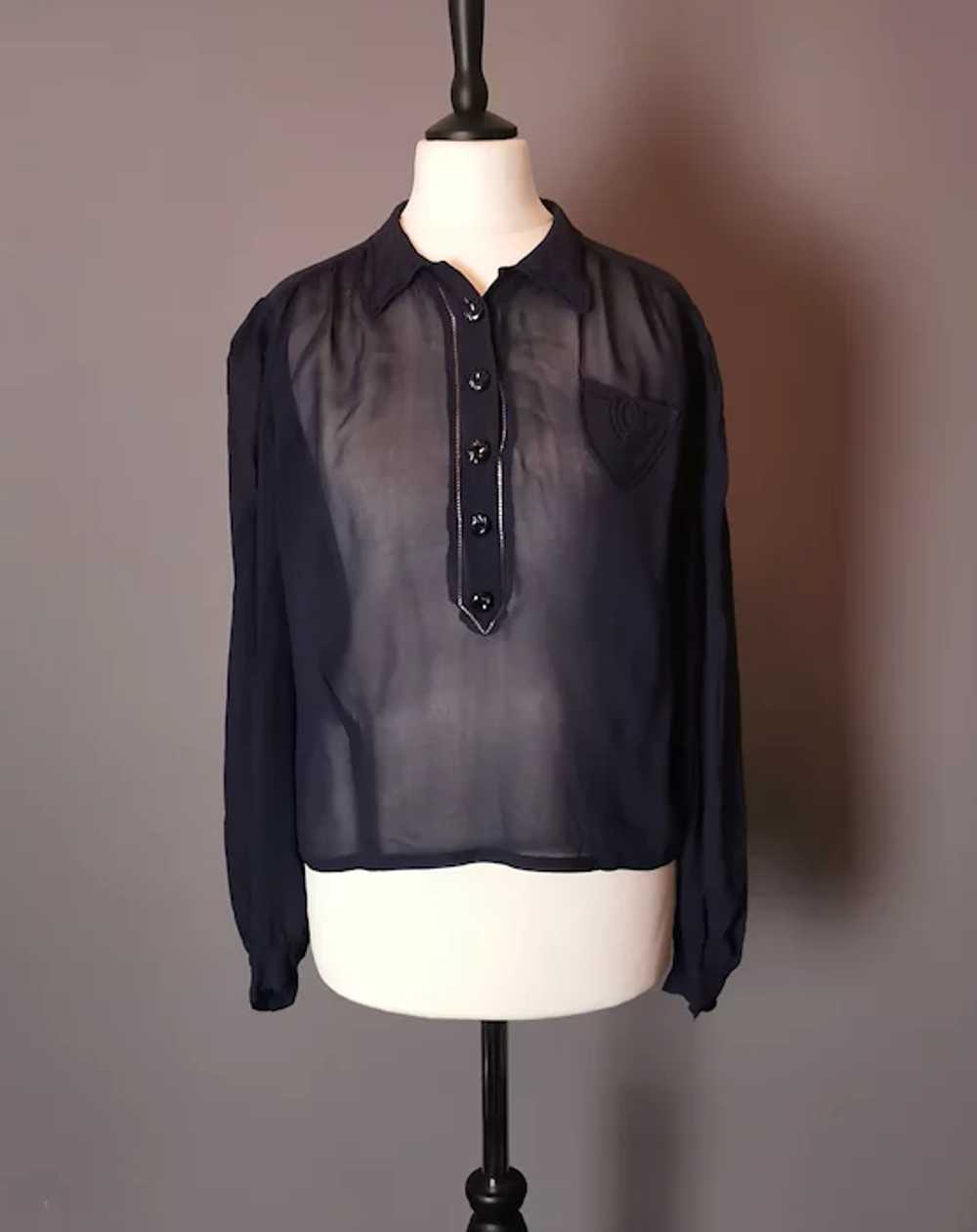 Vintage 1930's navy chiffon blouse top, sheer - image 10