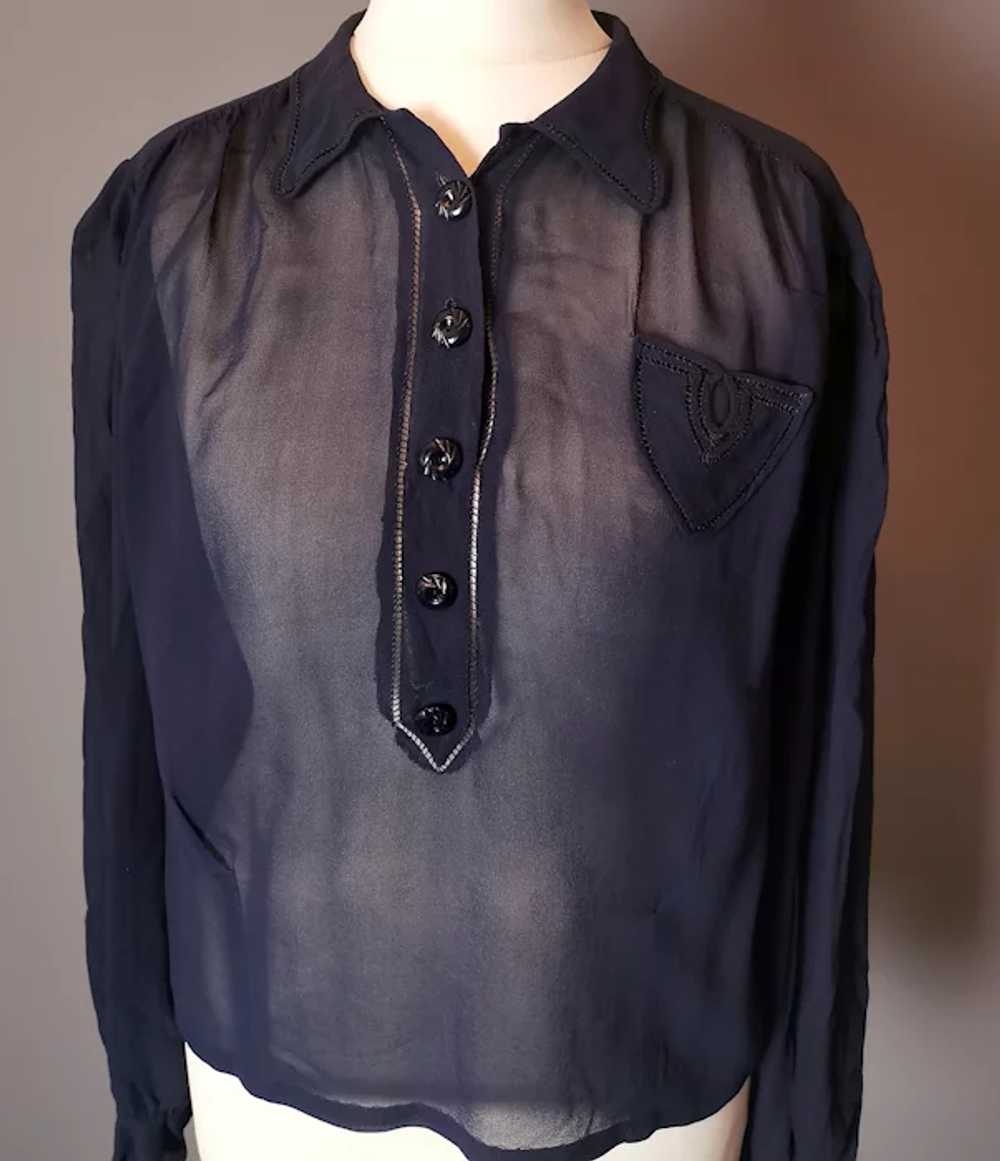 Vintage 1930's navy chiffon blouse top, sheer - image 11
