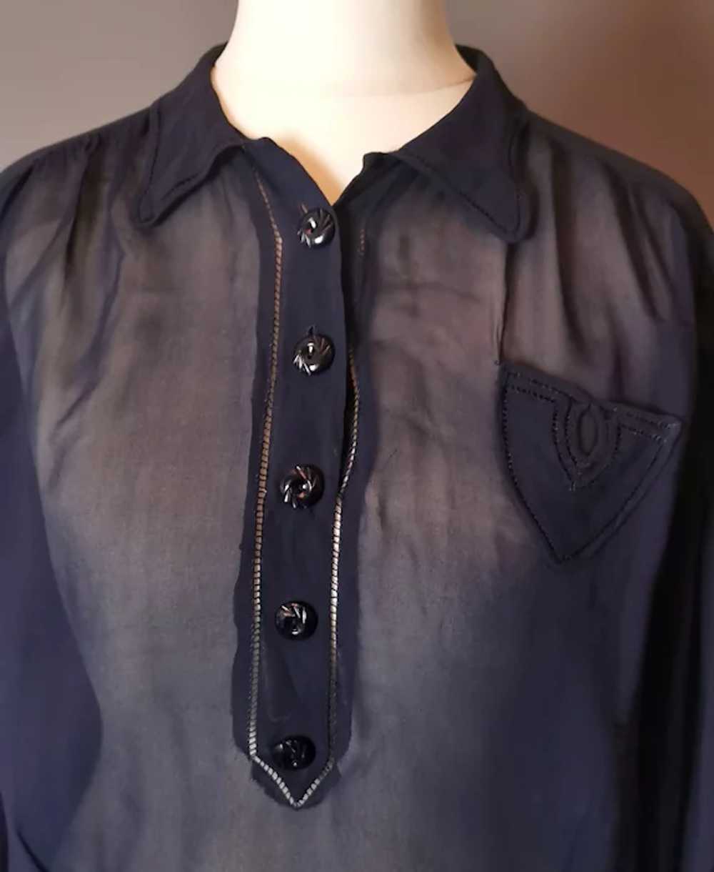 Vintage 1930's navy chiffon blouse top, sheer - image 12