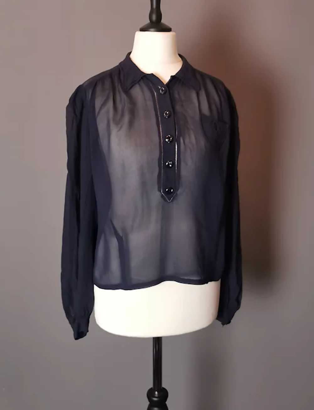 Vintage 1930's navy chiffon blouse top, sheer - image 2