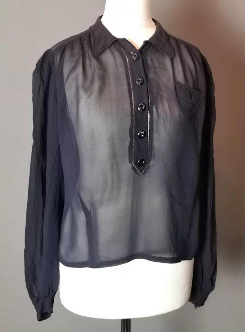 Vintage 1930's navy chiffon blouse top, sheer - image 3