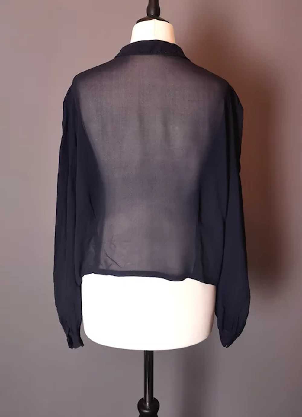Vintage 1930's navy chiffon blouse top, sheer - image 5