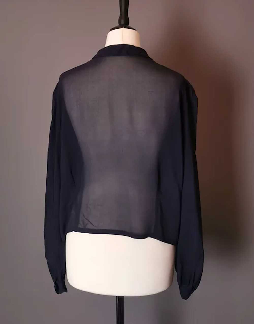 Vintage 1930's navy chiffon blouse top, sheer - image 6