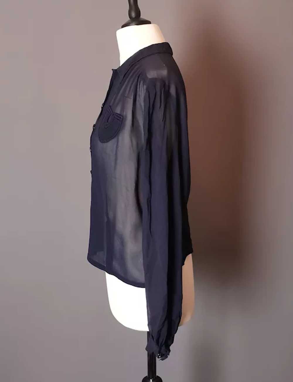 Vintage 1930's navy chiffon blouse top, sheer - image 9