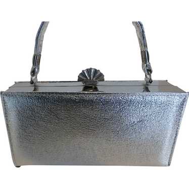 Vintage 70’s Silver Leather Box Purse Handbag w C… - image 1