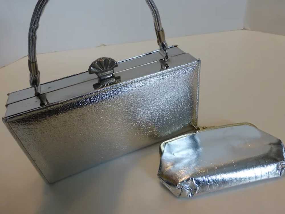 Vintage 70’s Silver Leather Box Purse Handbag w C… - image 2