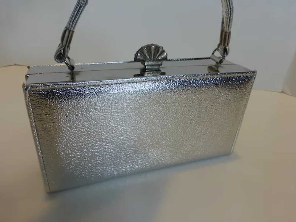 Vintage 70’s Silver Leather Box Purse Handbag w C… - image 3