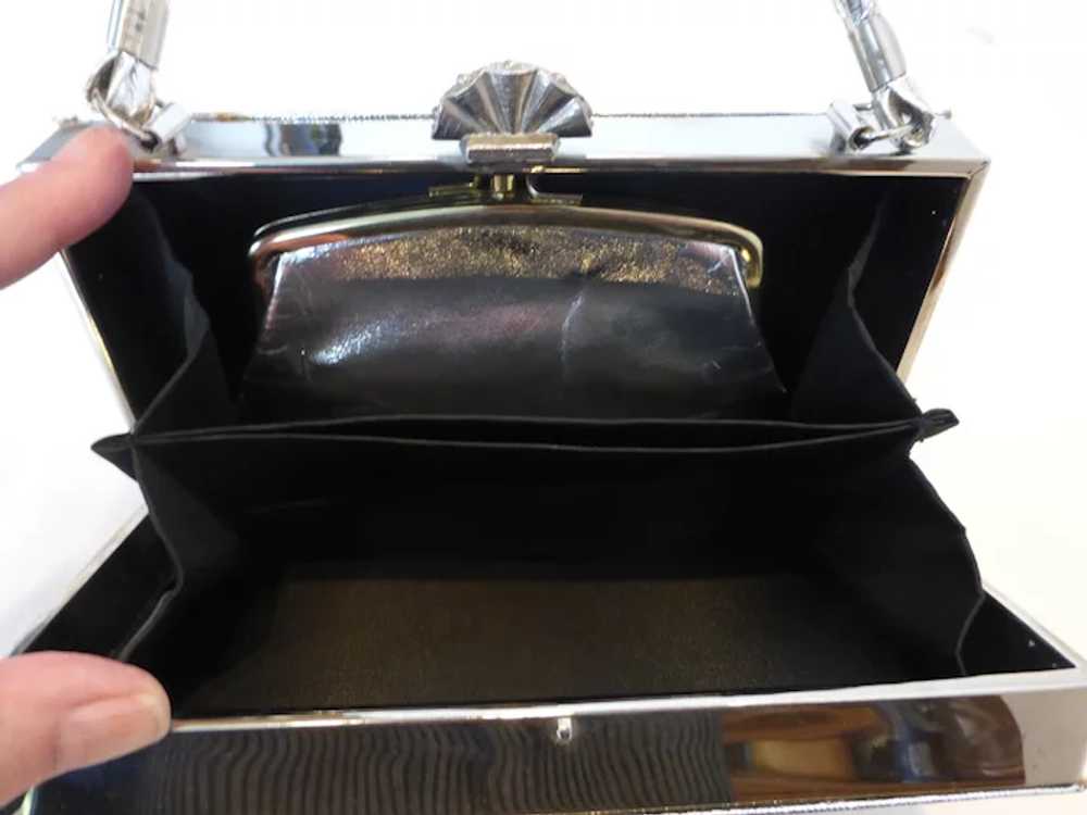 Vintage 70’s Silver Leather Box Purse Handbag w C… - image 4