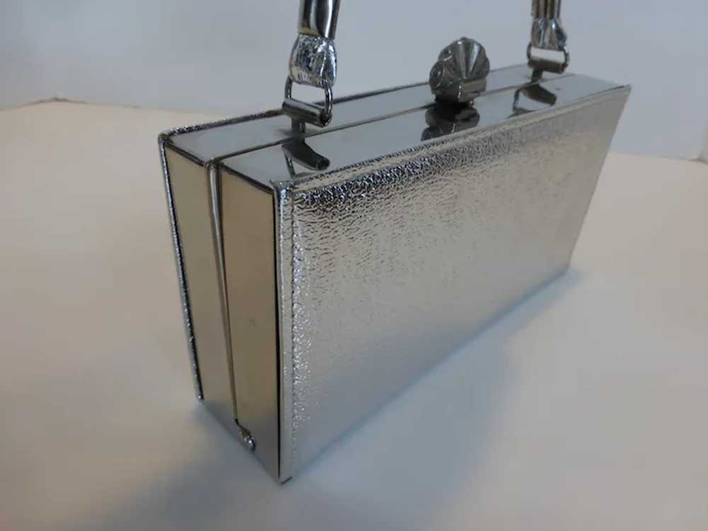 Vintage 70’s Silver Leather Box Purse Handbag w C… - image 5