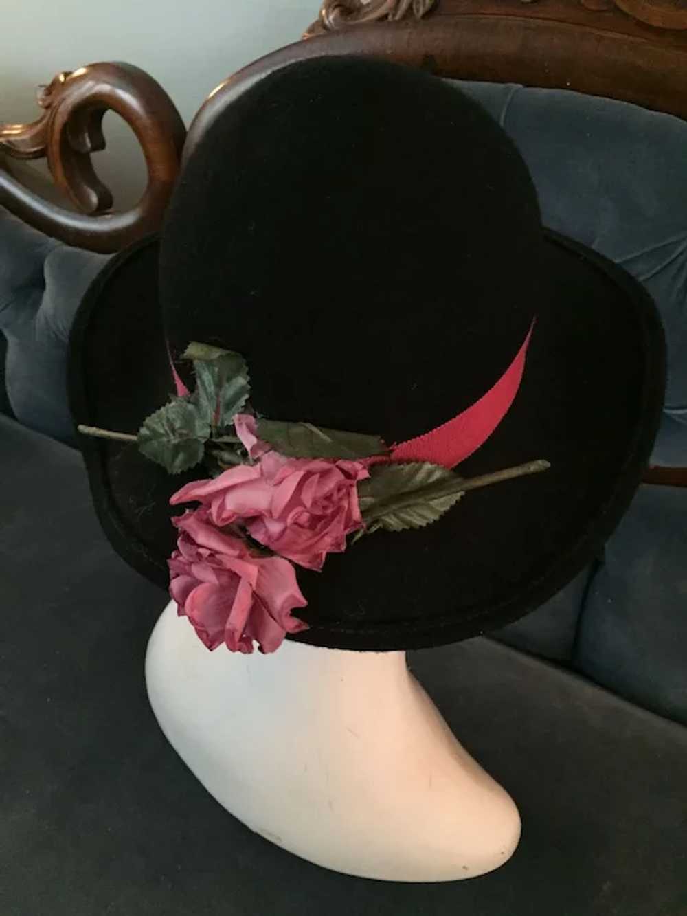 Circa 1960s Lady's Wide-Brimmed Black Felt Hat - image 2