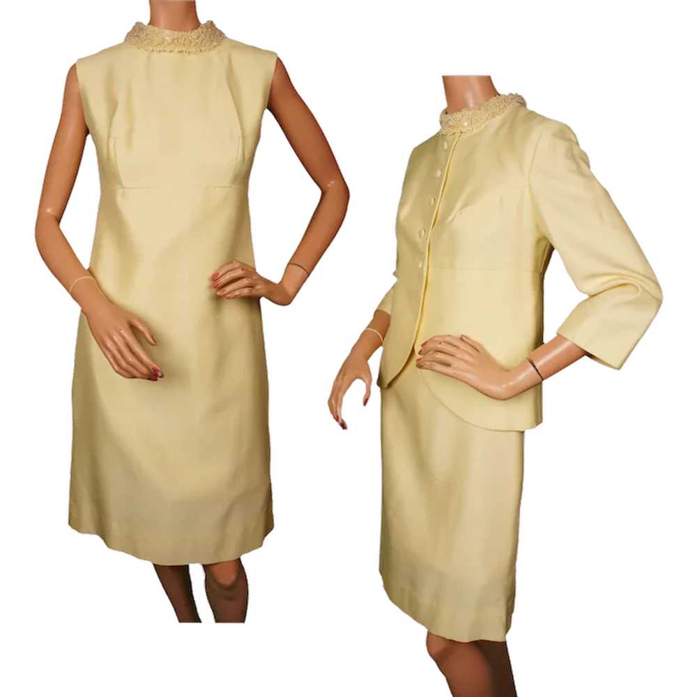 Vintage 60s Yellow Shantung Silk Dress w Jacket B… - image 1