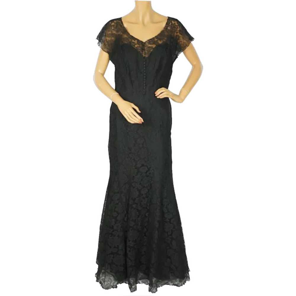 Vintage 1930s Evening Gown Black Chantilly Lace D… - image 1