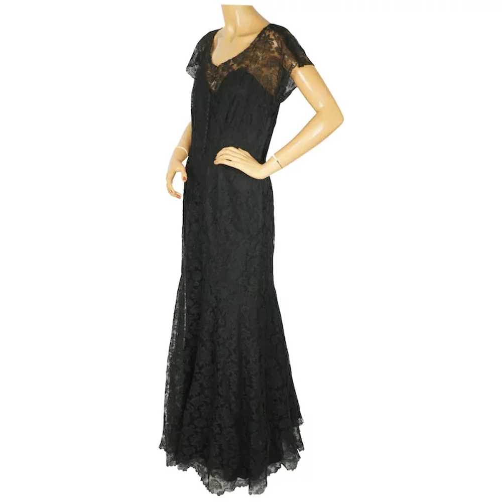 Vintage 1930s Evening Gown Black Chantilly Lace D… - image 3