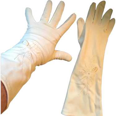 1950s- 60s White Nylon Gloves with White Embroide… - image 1