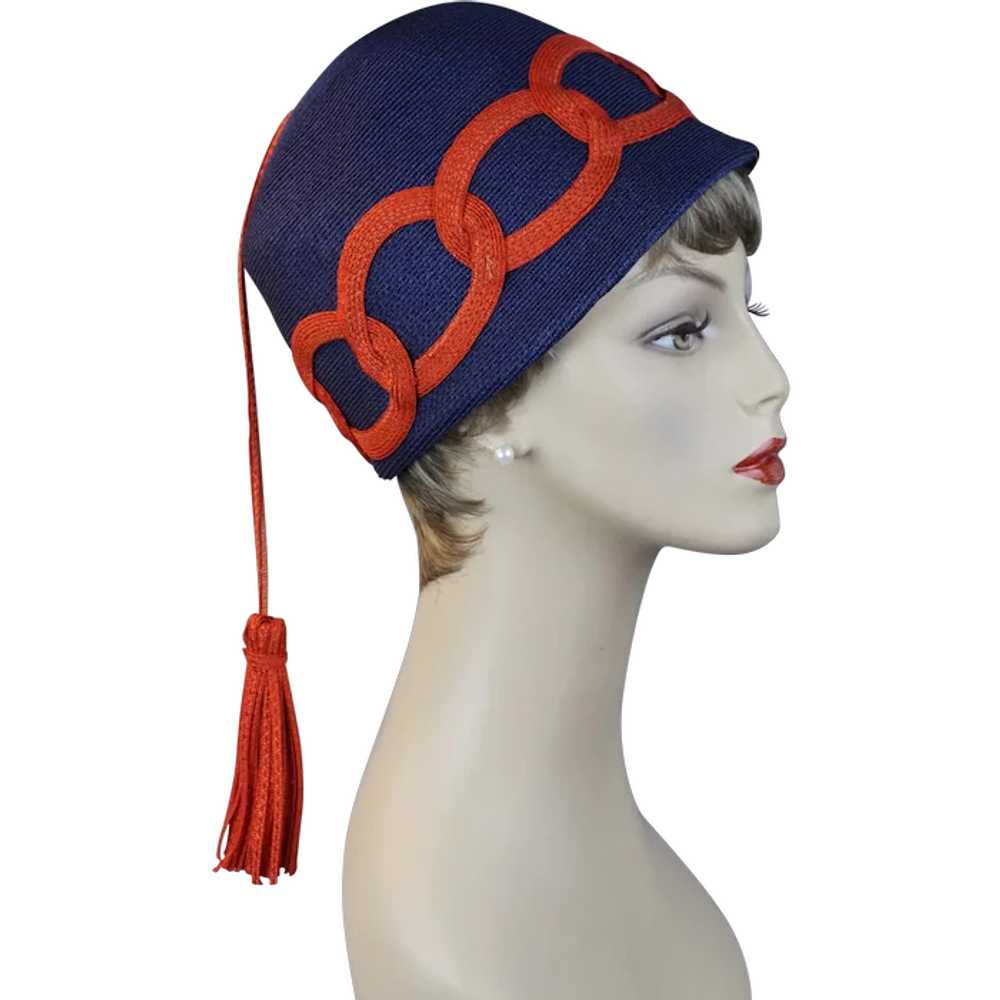 60s MOD Blue and Red Straw Cap Hat with Streamer … - image 1