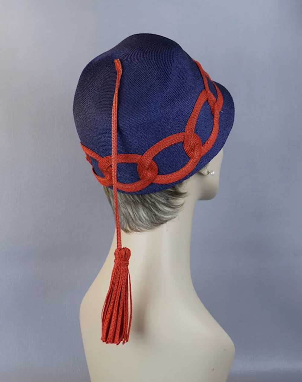 60s MOD Blue and Red Straw Cap Hat with Streamer … - image 2