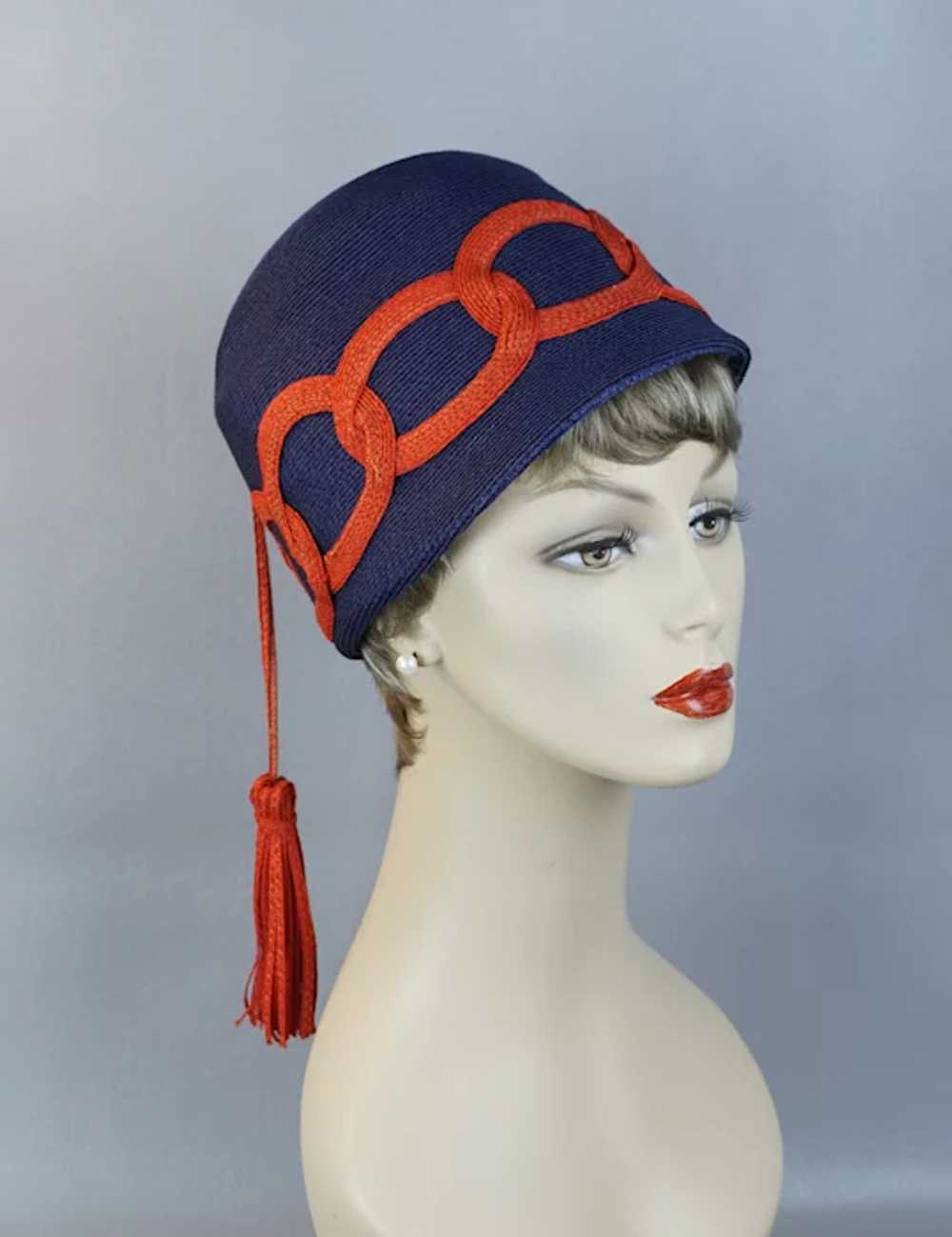 60s MOD Blue and Red Straw Cap Hat with Streamer … - image 6