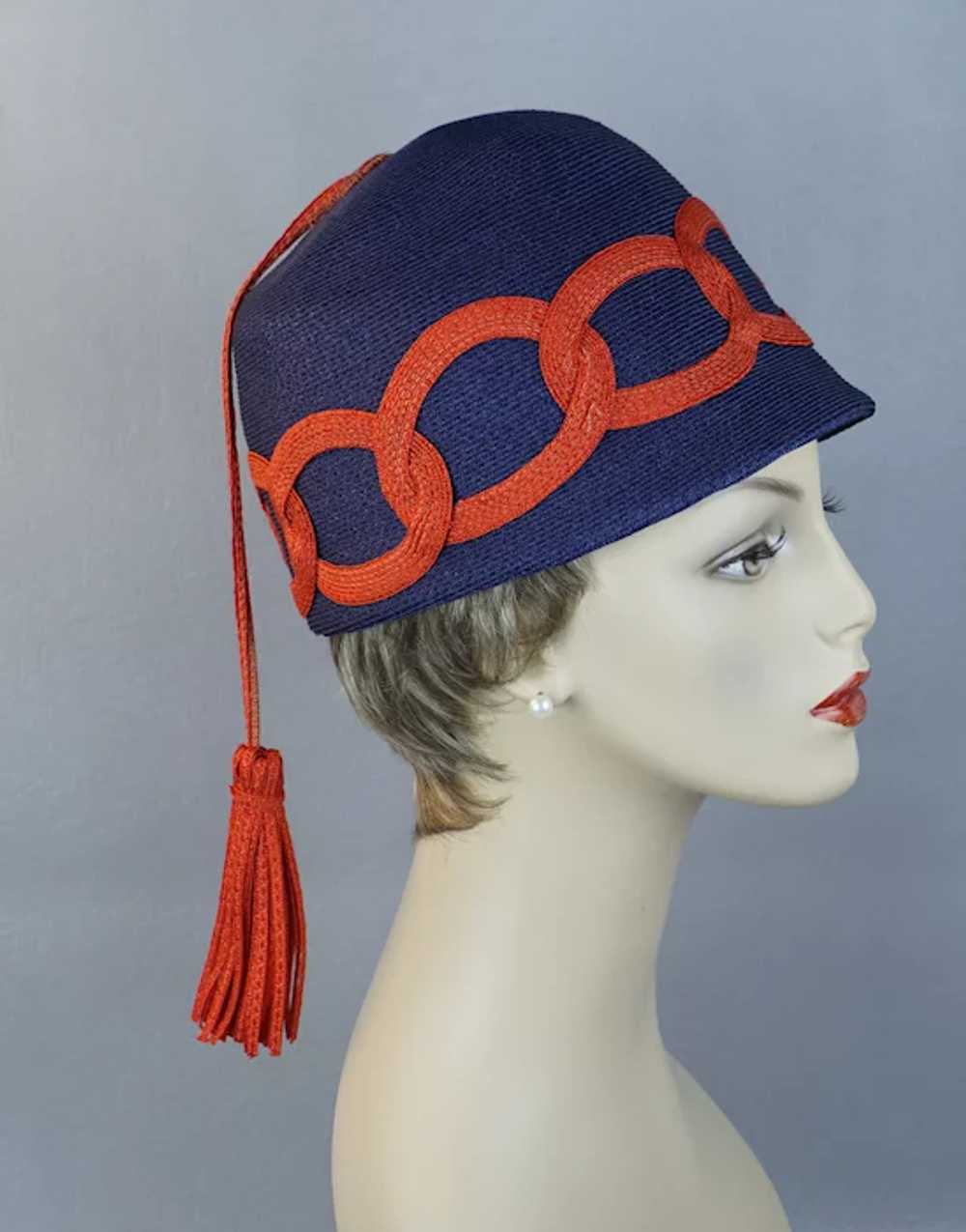 60s MOD Blue and Red Straw Cap Hat with Streamer … - image 8