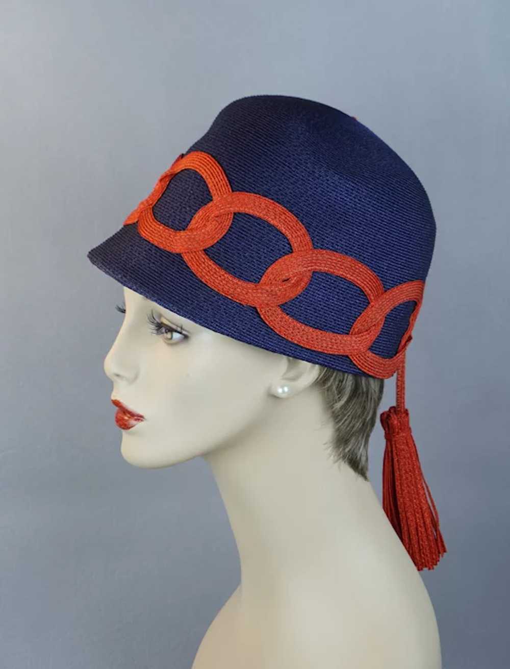60s MOD Blue and Red Straw Cap Hat with Streamer … - image 9