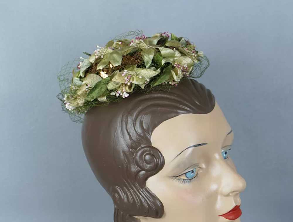 60s Beige and Bronze Silk Sequin Toy Pillbox Hat … - image 3