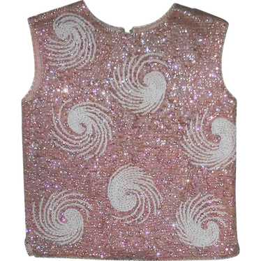 1950s Sequin & Beaded Sleeveless Pink Wool Top - image 1