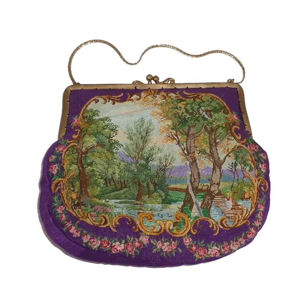 Exquisite Scenic Silk Pettipoint Needlepoint Purse - image 1