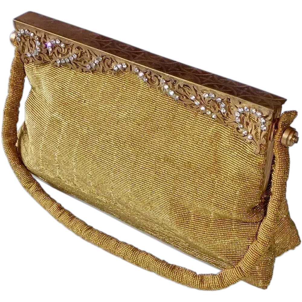Gold Metallic Beaded Evening Bag Filigree Frame w… - image 1