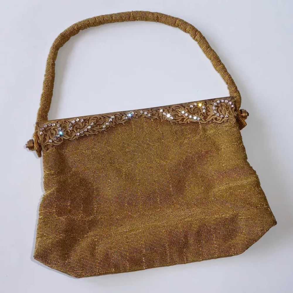 Gold Metallic Beaded Evening Bag Filigree Frame w… - image 3
