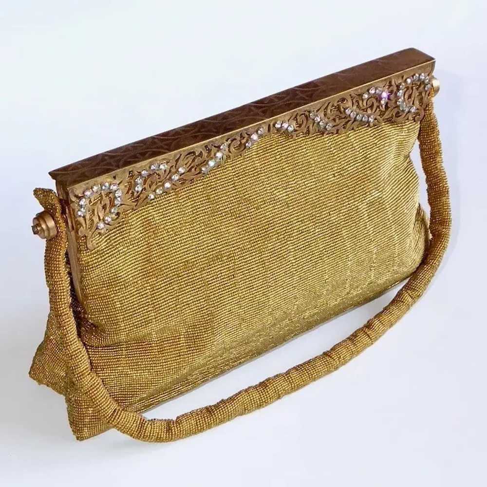 Gold Metallic Beaded Evening Bag Filigree Frame w… - image 7