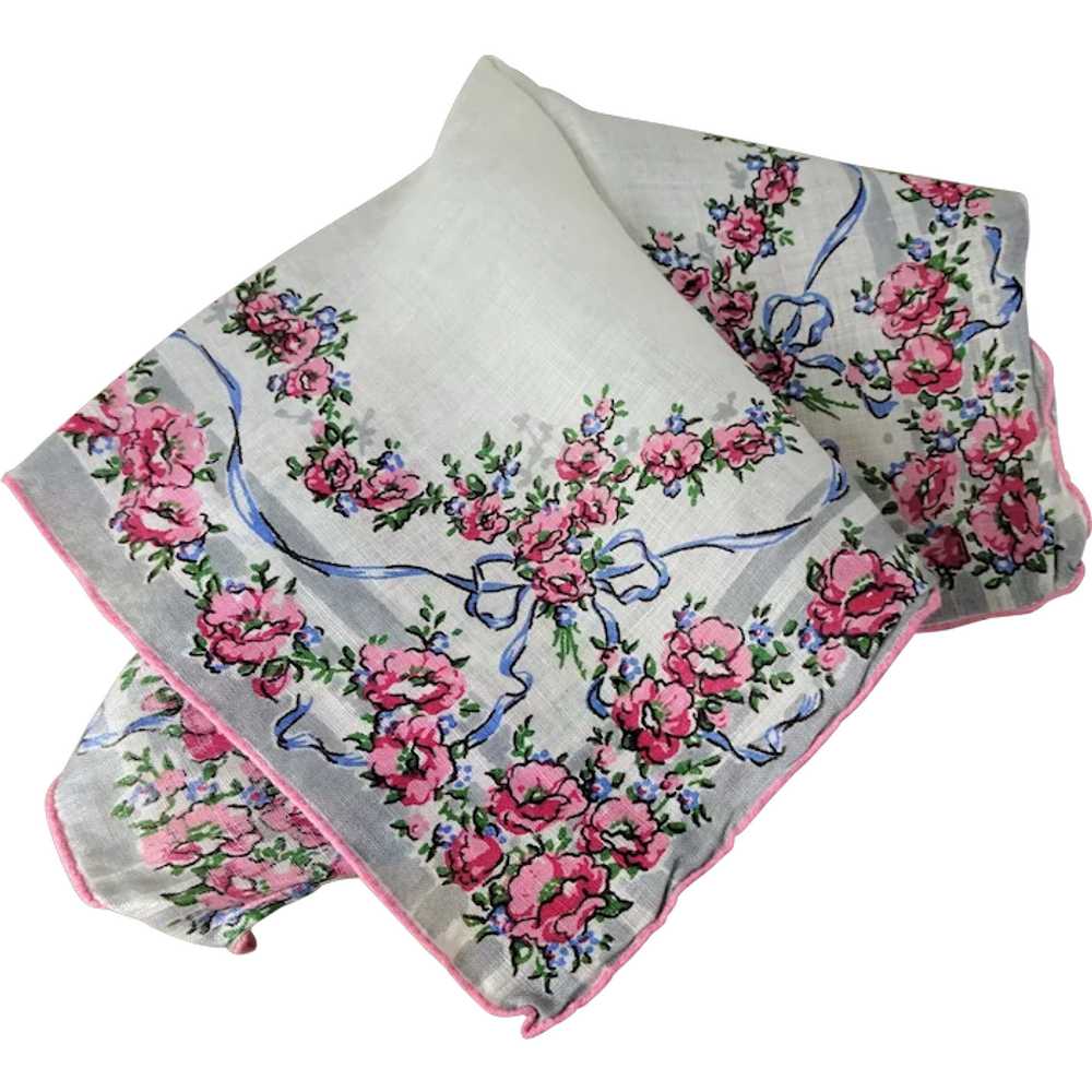 BEAUTIFUL Vintage Linen Printed Floral Hanky,Pink… - image 1