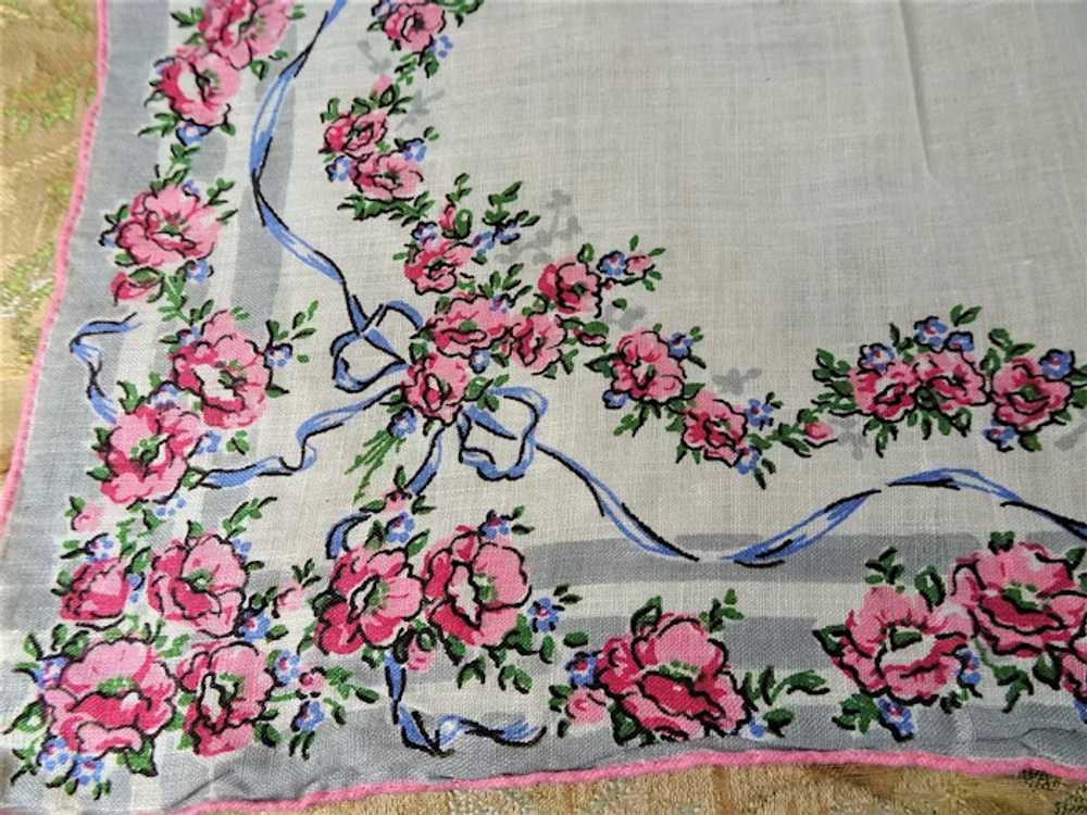 BEAUTIFUL Vintage Linen Printed Floral Hanky,Pink… - image 2
