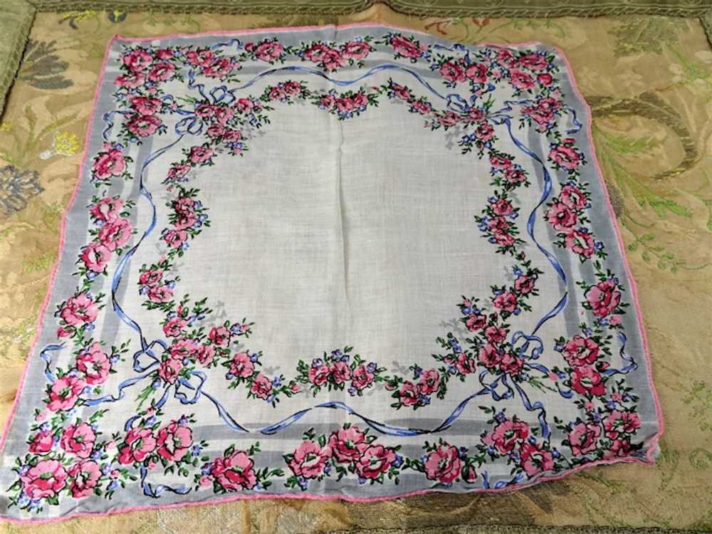 BEAUTIFUL Vintage Linen Printed Floral Hanky,Pink… - image 3