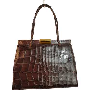 Large vintage 1950s classic glossy brown crocodil… - image 1