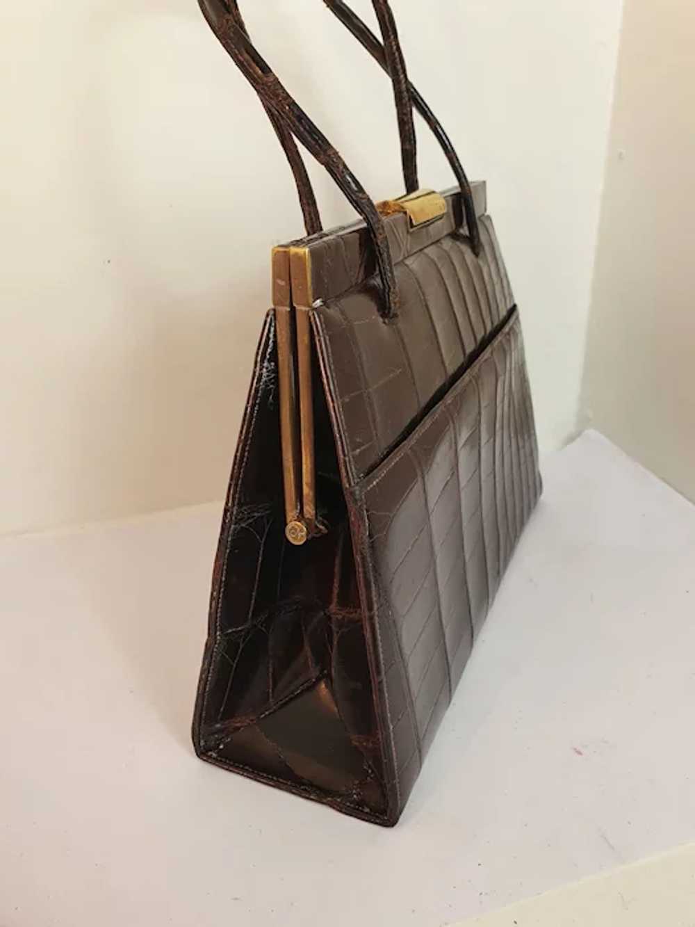 Large vintage 1950s classic glossy brown crocodil… - image 3