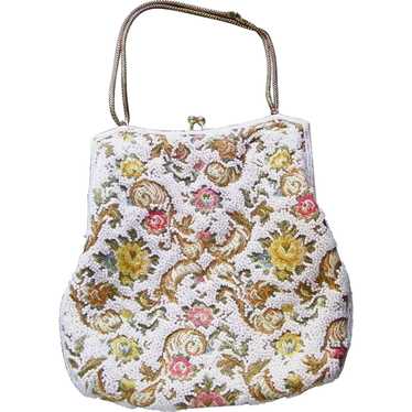 Embroidered Beaded  White Floral Evening Bag Purs… - image 1