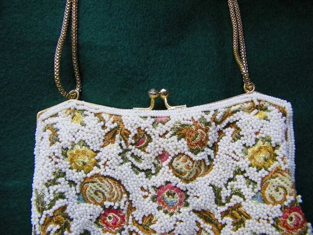 Embroidered Beaded  White Floral Evening Bag Purs… - image 3