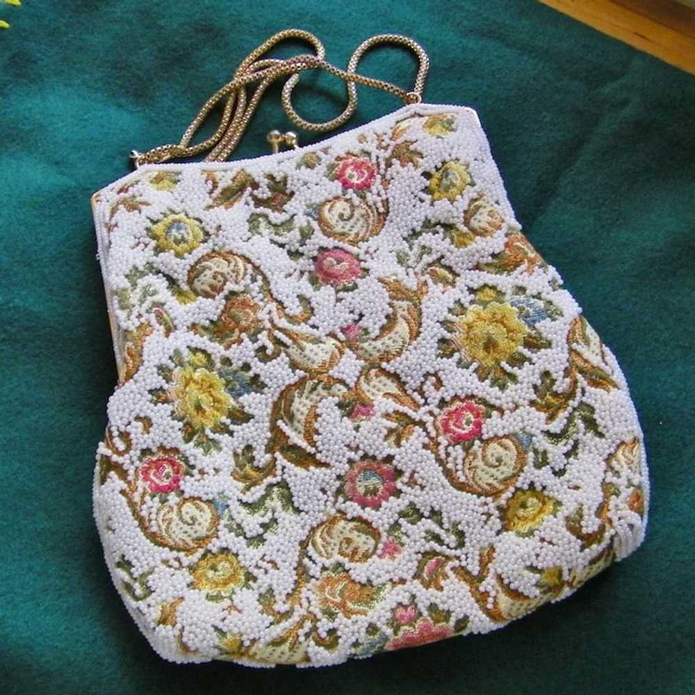 Embroidered Beaded  White Floral Evening Bag Purs… - image 7