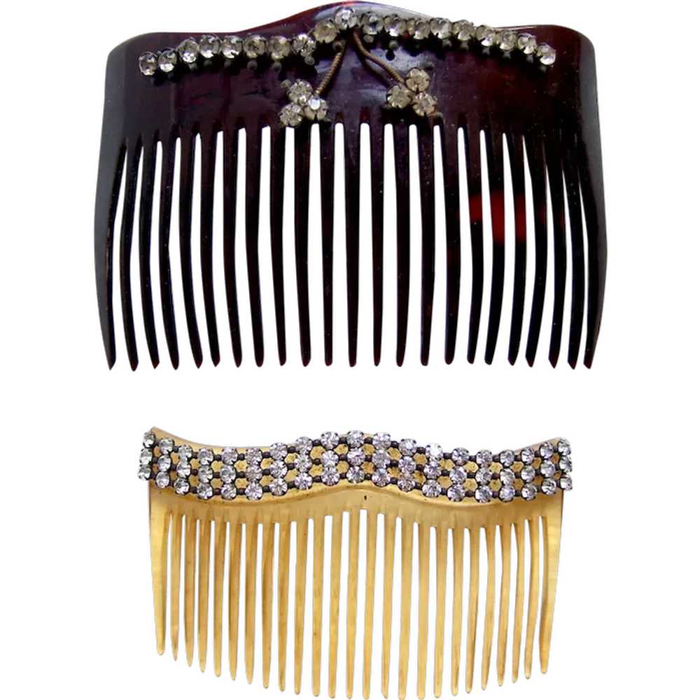 Two late Victorian hair combs with rhinestone tri… - image 1
