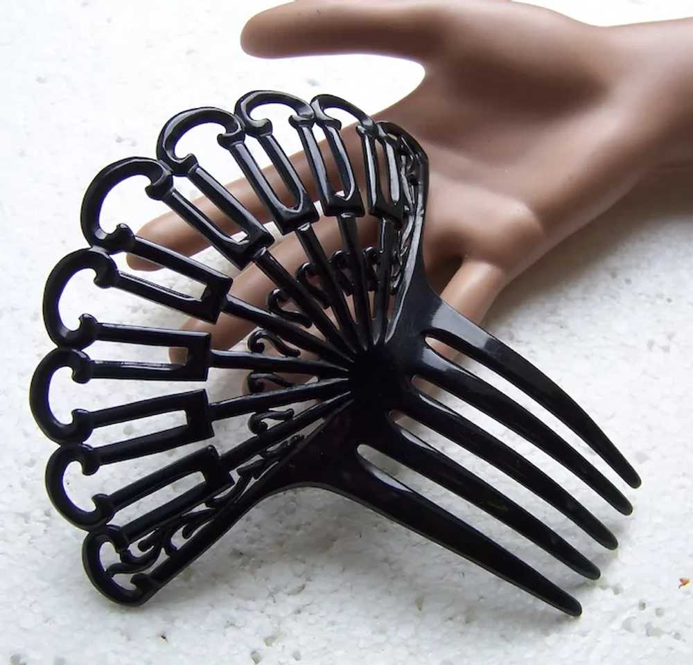 Art Deco hair comb black celluloid fan shape hair… - image 10