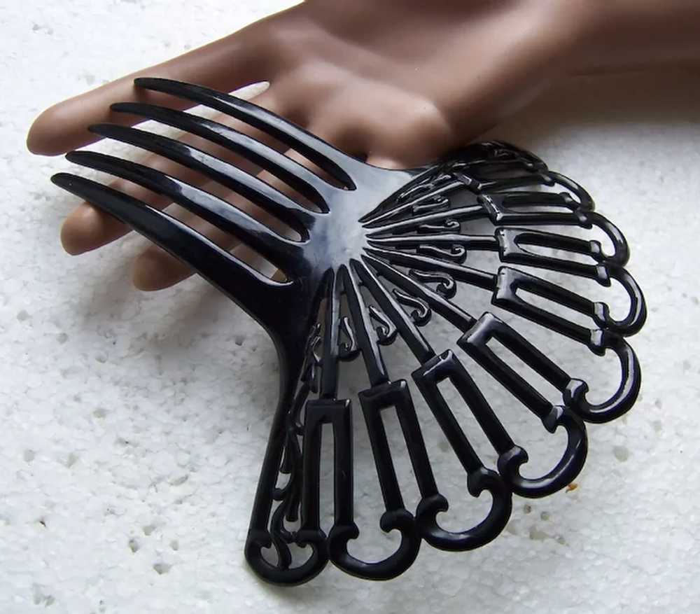 Art Deco hair comb black celluloid fan shape hair… - image 11