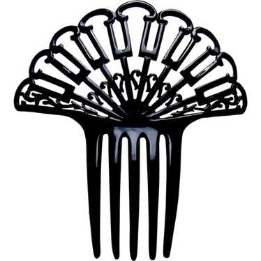 Art Deco hair comb black celluloid fan shape hair… - image 1