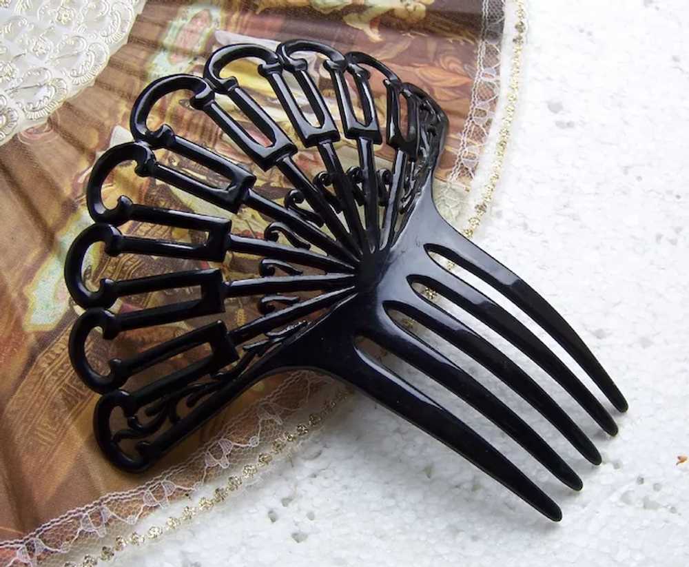 Art Deco hair comb black celluloid fan shape hair… - image 4